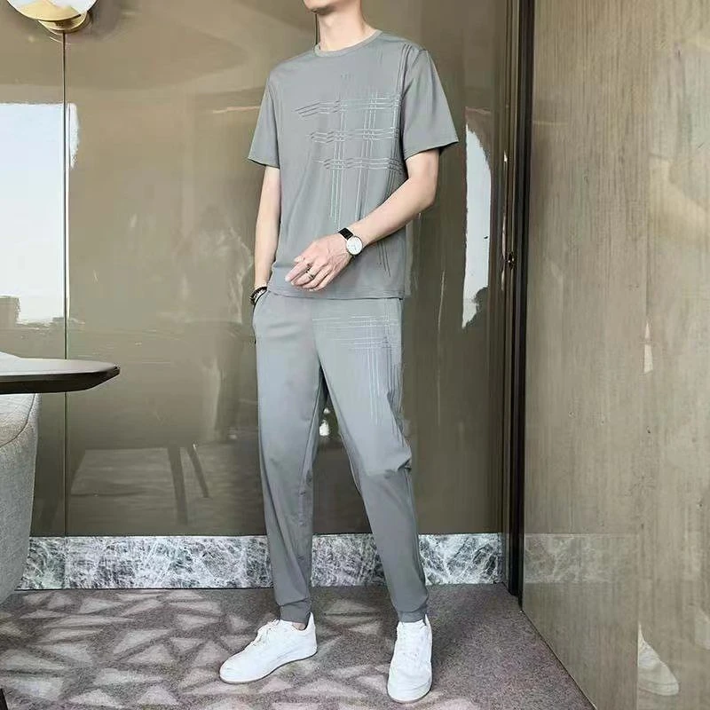 T Shirt Pants Sets Aesthetic Plain Regular Fit Top Sports Suits Male Cool Smooth High Quality Tracksuit Luxury S Clothes for Men