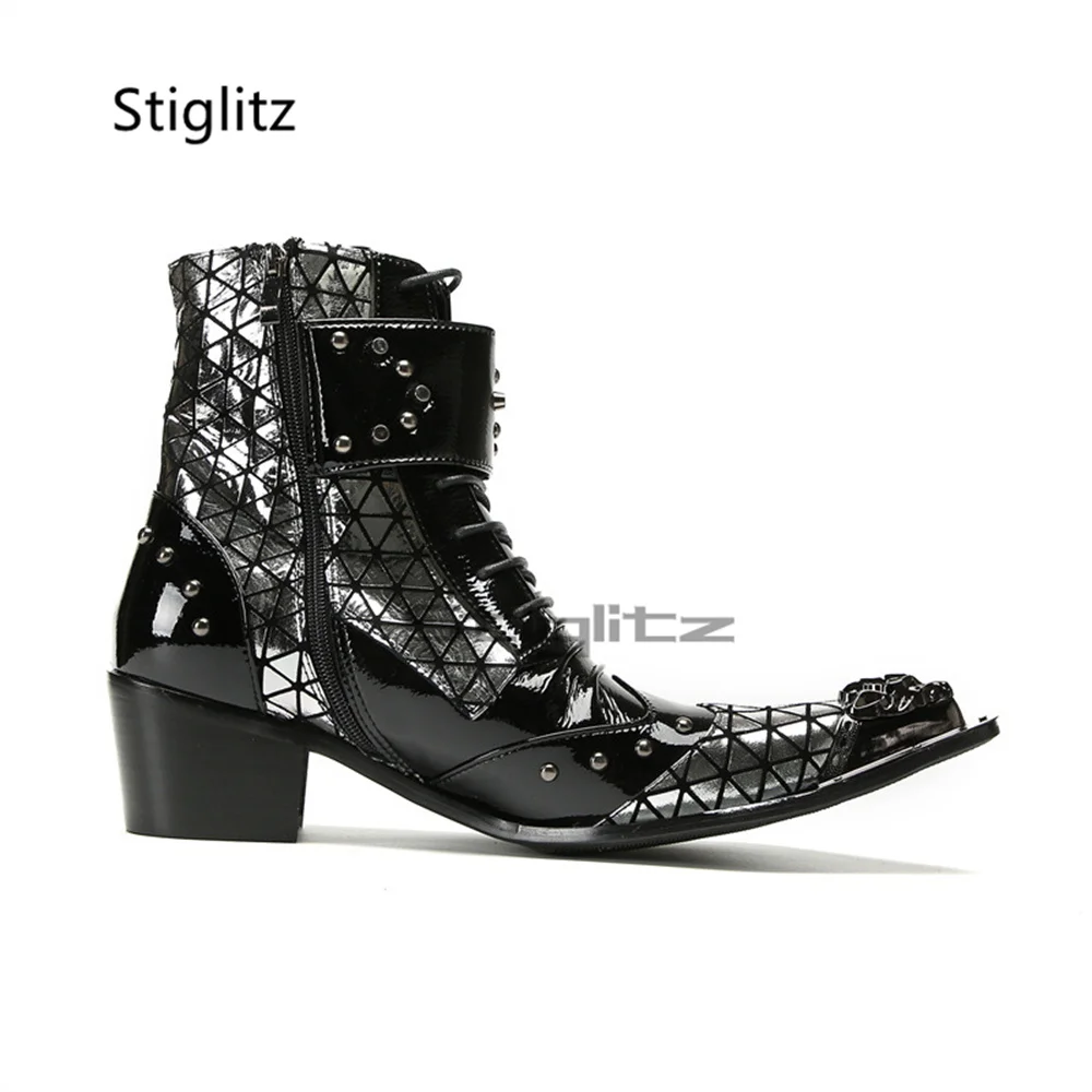 Splice Patent Leather Chelsea Boots for Men Punk Retro Rivet Double Buckle High Heel Motorcycle Ankle Boots Nightclub Shoes