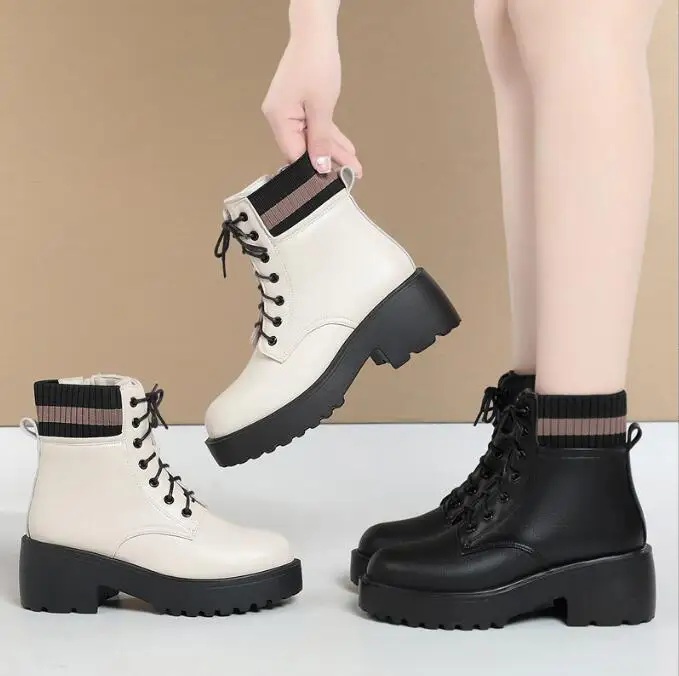 

Women's Boots Large Size 35-42 New Genuine Leather Women Winter Shoes Boots Wool British Style Mid Boots Women
