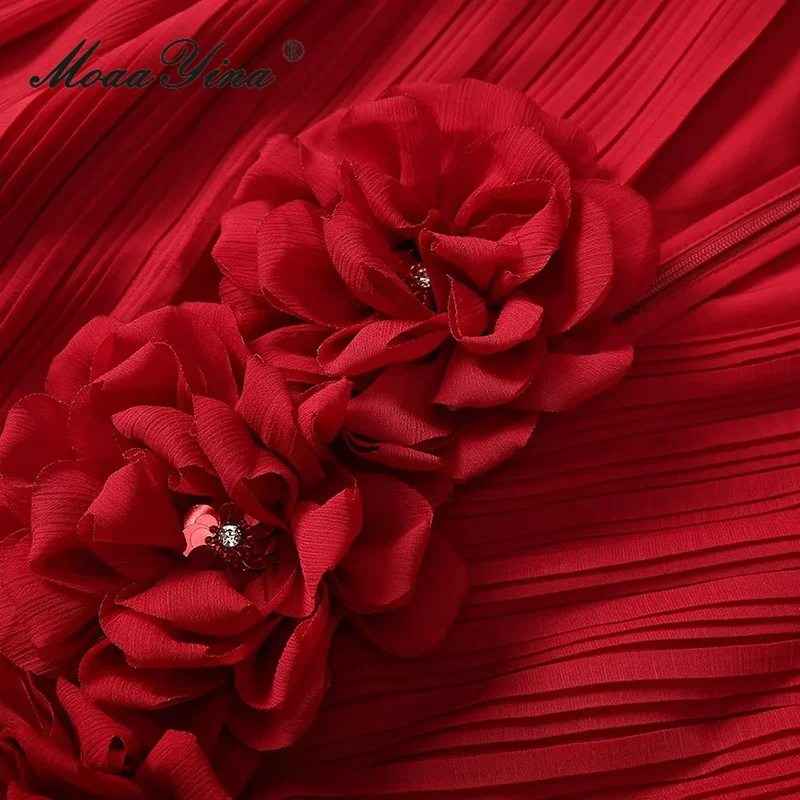Moaayina Damen elegante Streetwear Ballkleid Kleid Herbst und Winter V-Ausschnitt Design Applikationen Chiffon Abendkleider