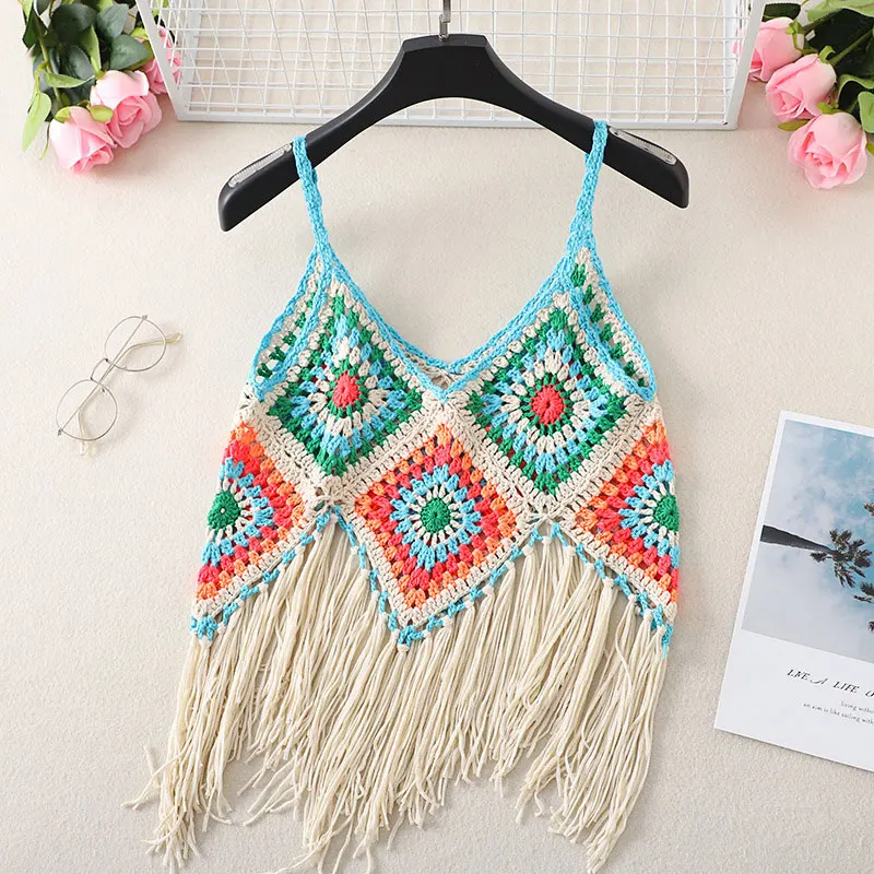 Szydełkowane koszulki na ramiączkach Bohemian Spaghetti Tops Tassels Bright Cover Up for Bikini Swimsuit Beach Holiday Travel Photography