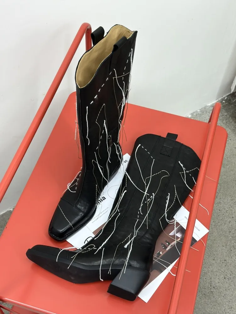 Ladies Comfortable Cowhide Handmade Genuine Leather Square Toe Leisure Shoes Embroidery Tassel Zipper Black Fashion High Boots