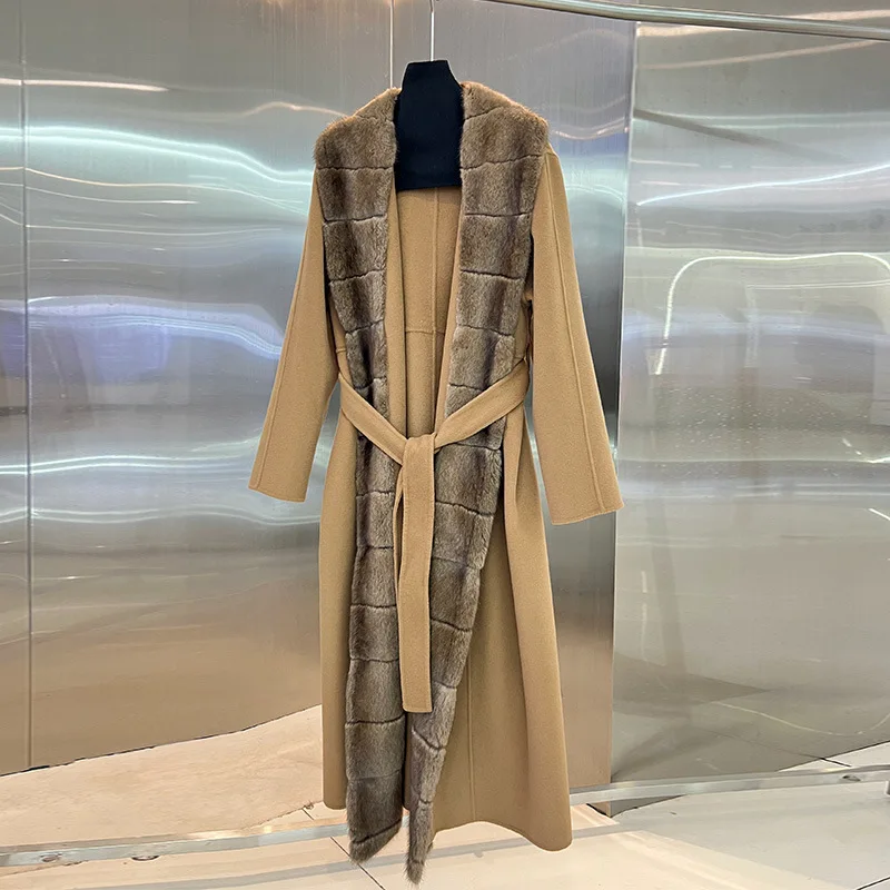 

Women'S Double-Faced Cashmere Coat - Mid-Length Elegant Style With Mink Fur Collar Wool Blend Outerwear