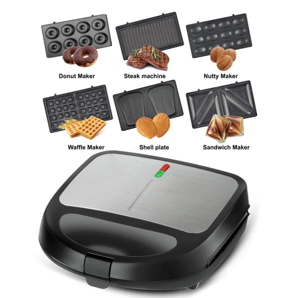 850W 6‑in‑1 EU Sandwich Maker Removable Swap Plates Electric Waffle Donut Grill Multifunctional Home Breakfast & Snack Machine