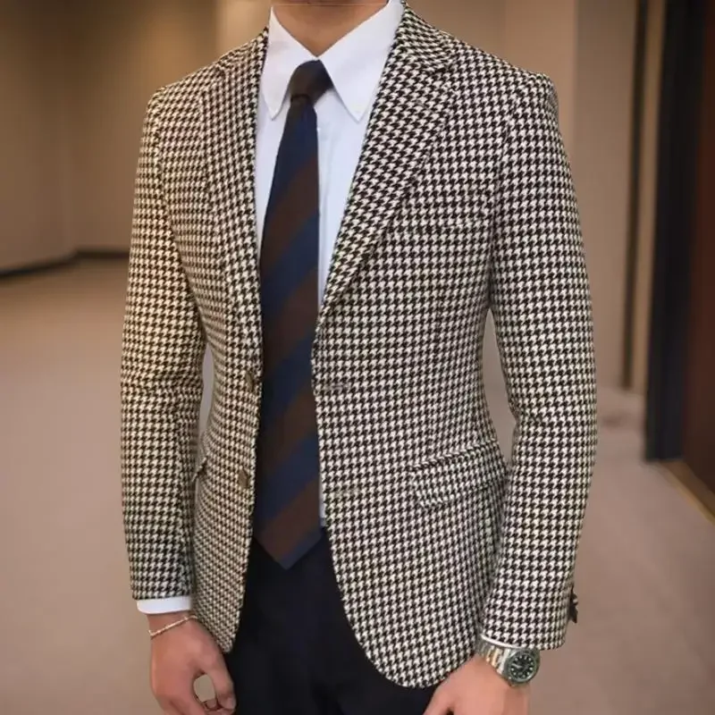 Plaid Men Suit Jacket for Business 1 Piece Check Houndstooth Male Blazer Notch Lapel American Style Wedding Suit Ready to Ship