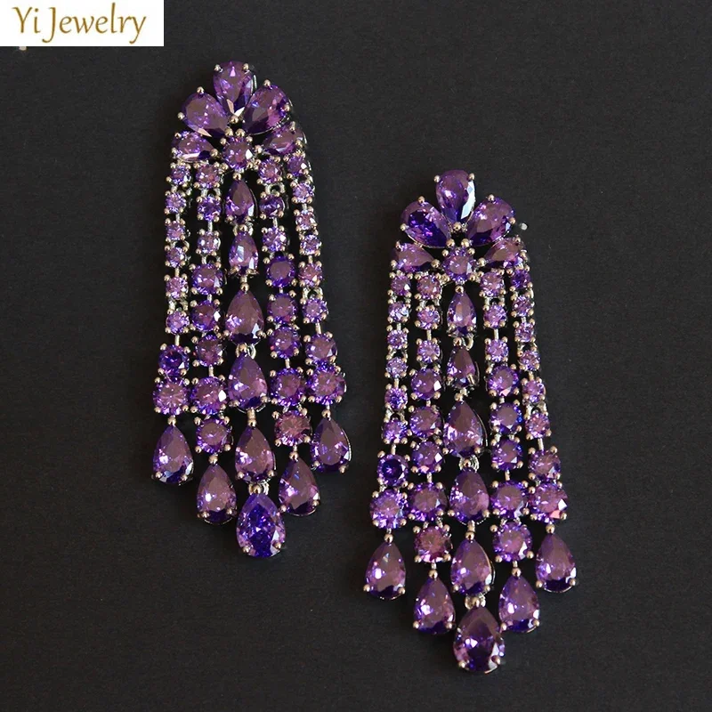 Luxury Earrings for Women Trendy Zircon Purple Flower Water Drop Dangling Earrings Wedding Bride Jewelry Gift Female