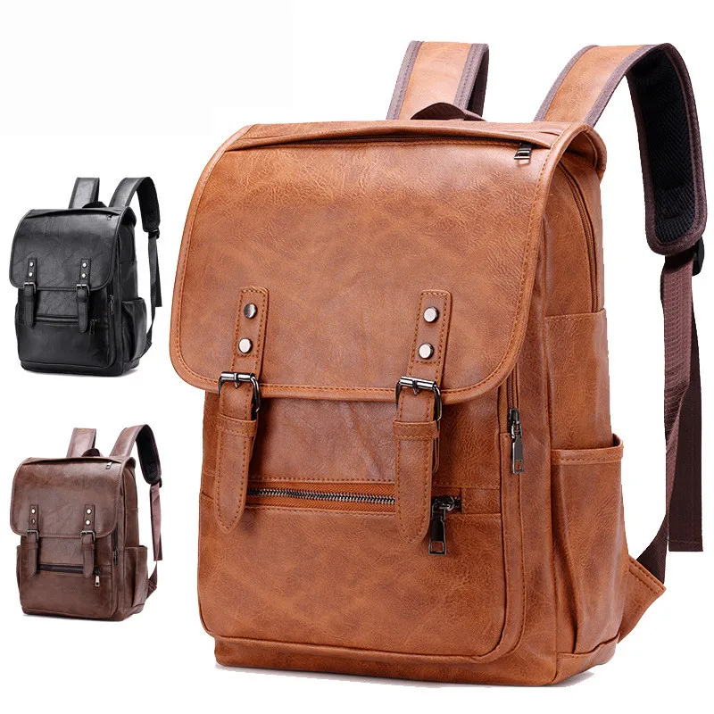 Large Capacity Vintage men\'s bag Teenage Backpacks PU Leather Fashion Schoolbag Man Multifunctional Backpack Men Zipper Designer