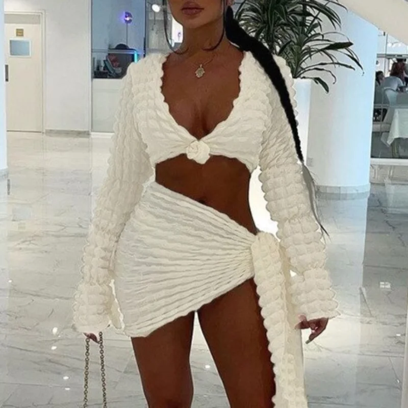 Wrap Mini Skirt + Cropped Top Blouse Two Piece Set Women\'s Popcorn Texture Knitted Bubble Waffle Tie Up Beach Coverup