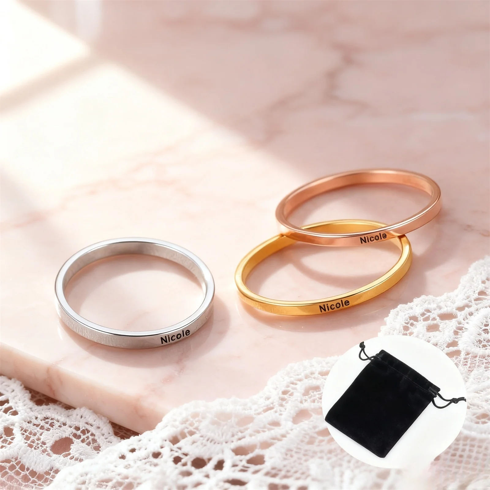 Customized Name Date Couple Ring Stainless Steel 3MM Wide Plain Ring Inspirational Words Ring Jewelry Gift Valentine's Day Gift