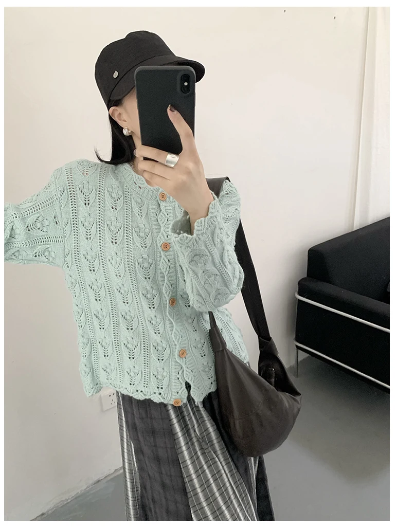 

LZoo Mint Blue Knitted Open Cardigan round Ne Sweater Hollow out Crochet Thi Needlework Warm Autumn Faion Ladies Knitwear