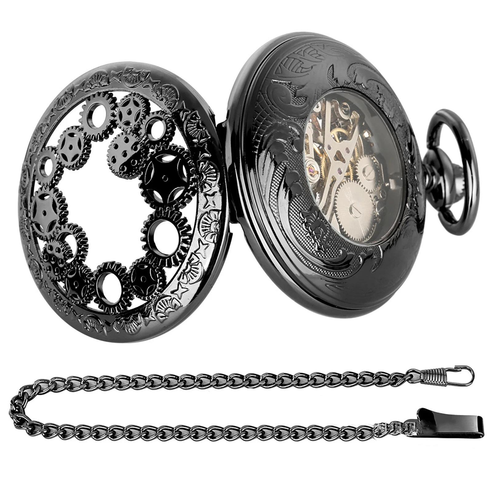 Royal Blue Roman Numerals Men's Manual Mechanical Pocket Watch Black Gears Hollow Design Pocket Chain Pendant Vintage Clock