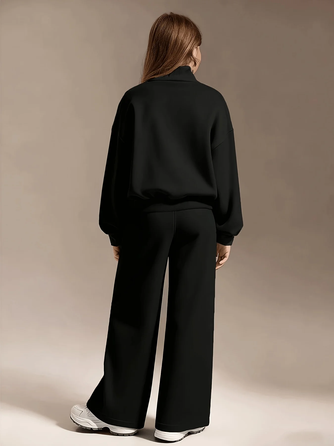 Girls' Autumn Casual Outfit: Girls' Stand-Up Collar Half-Zip Long-Sleeve Top Paired with Wide-Leg Long Pants Two-Piece Set, Simple Sporty Street Style, Suitable for Children Aged 7-13