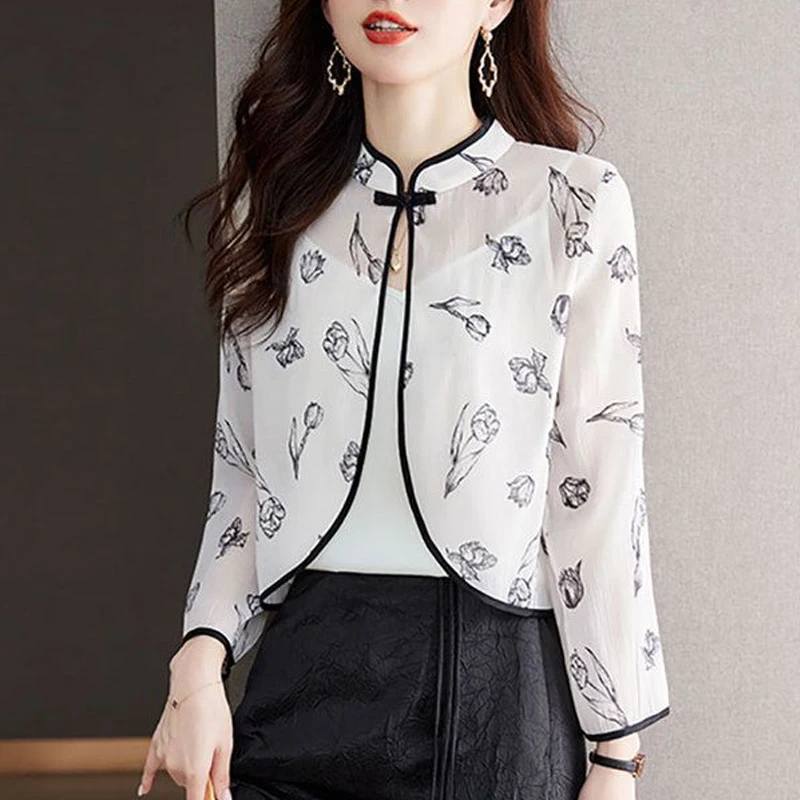 2024 Summer Women Vintage Chinese Style Cardigan Shirt Fashion Print Chiffon Sunscreen Shawl Elegant Chic Long Sleeve Loose Tops