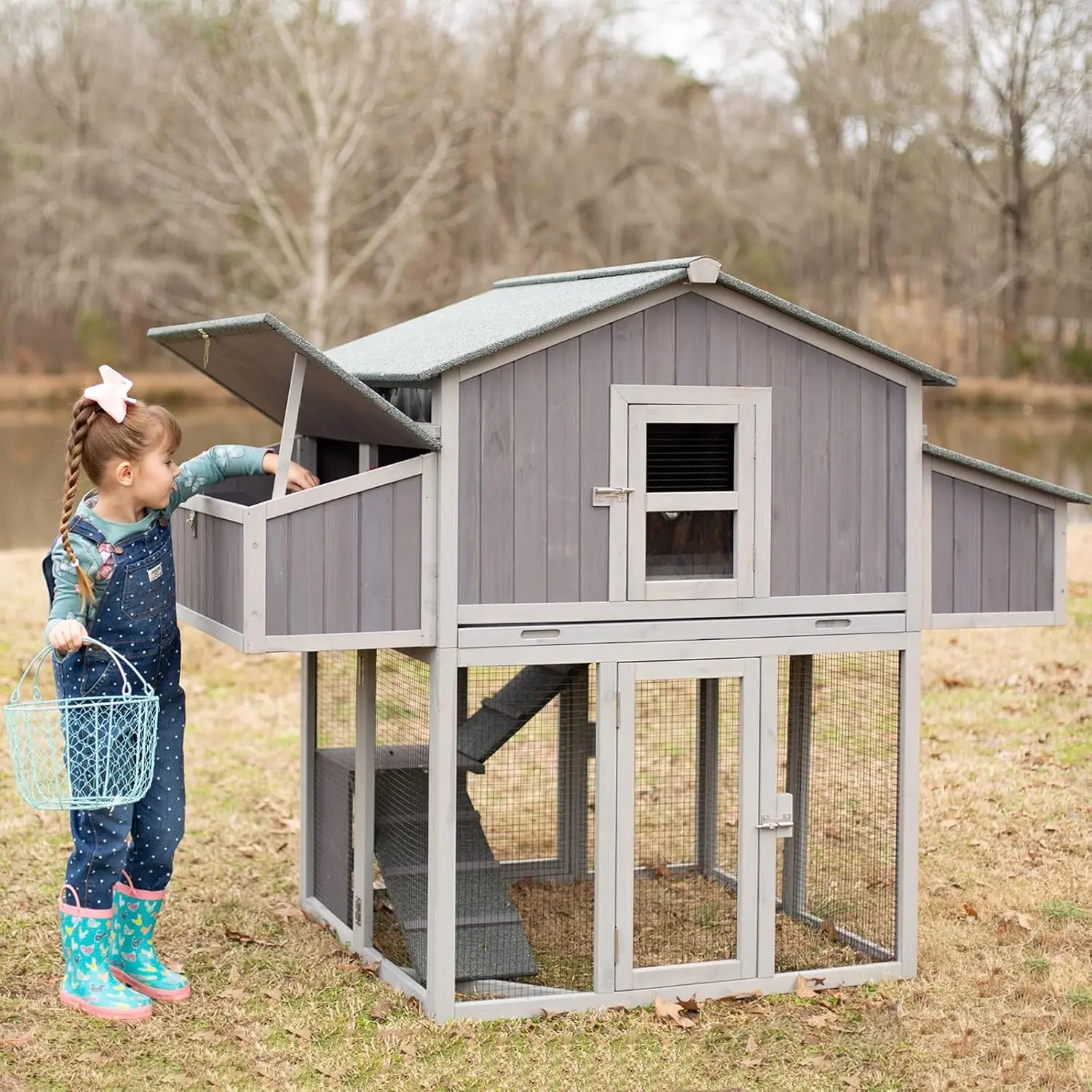 Foldable Chicken Coop Super Easy to Assemble Large Hen House Wooden Poultry Cage with Nesting Box and Run