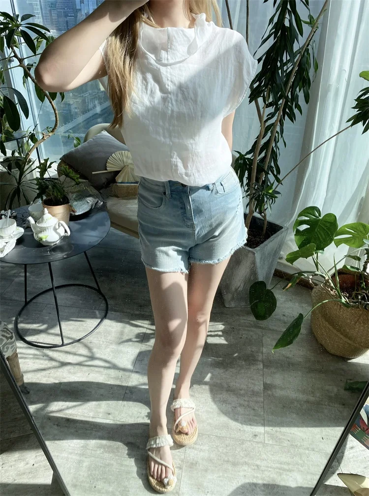 

Женская простая универсальная прозрачная льняная сорочка Susan Faion High Ne ort Sve белого цвета для повседневной носки...