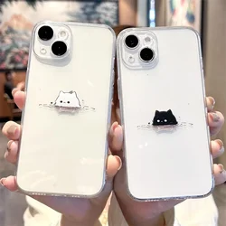 Funny Black White Cat Lovers Couple Phone Case For iPhone 16 15 13 11 12 14 Pro Max 13Mini XR 15Plus SE Thin Paired Cover Fundas