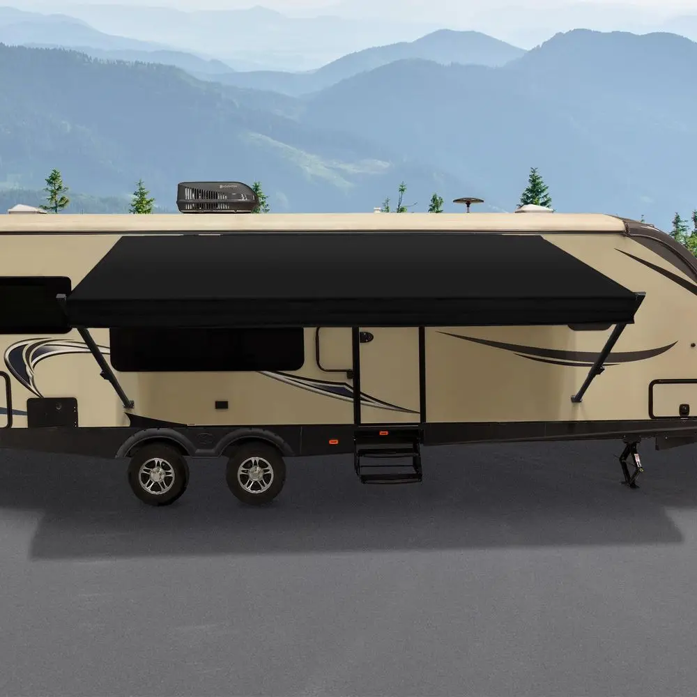 Manual Retractable RV Awning Frame Full Set Assembly Black Frame with Vinyl Awning Fabric 9 with 8 1 Solid Black Fabric