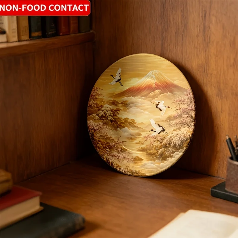 A 20Cm/7.9In Non-Food Contact Decorative Plate Featuring an Elegant Design of Mount Fuji with Cherry Blossoms And Cranes,