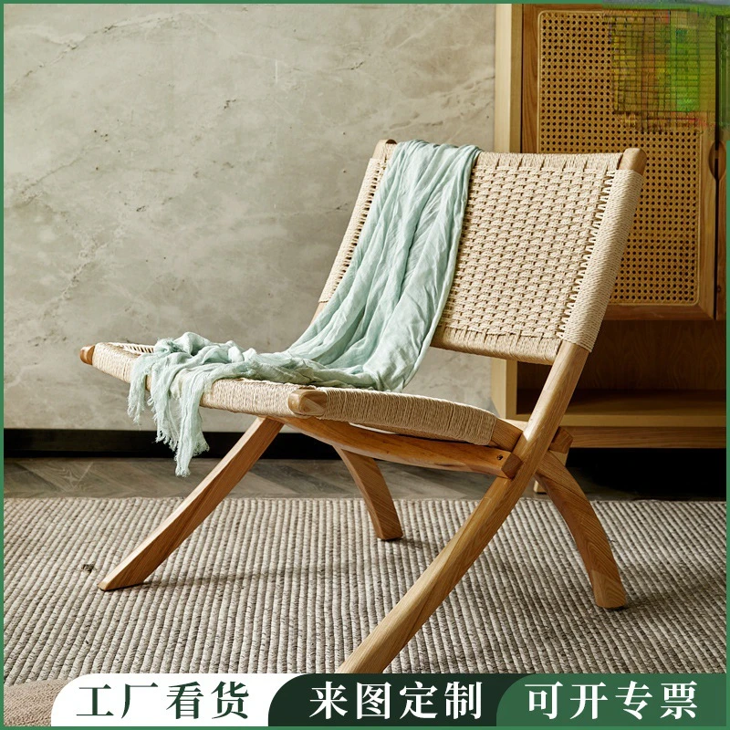 The product can be customized.Nordic hemp rope woven chair home balcony lounge chair ins furniture designer solid wood