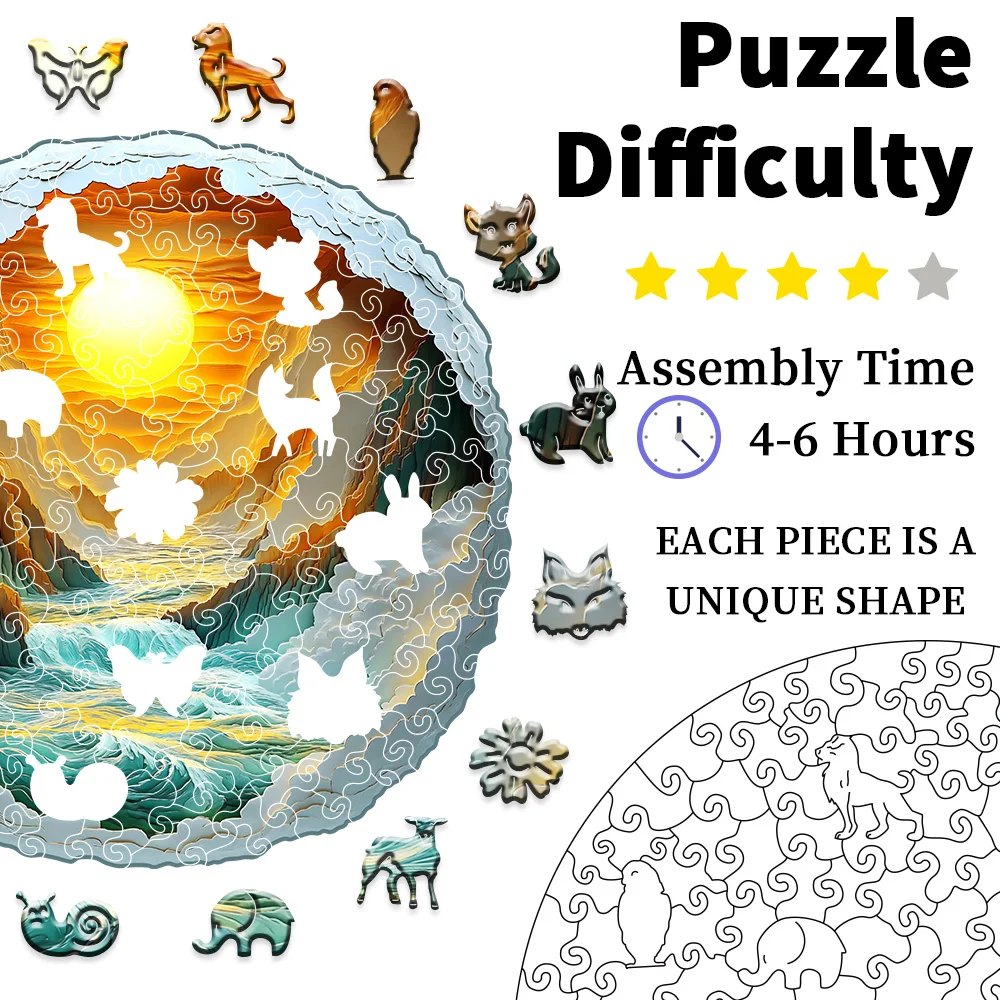 Puzzle for Adults, 3D Visual Full Sun in The Mountains Wooden Jigsaw Puzzles for Adult, Unique Animal Shape Wood Cut Puzzles, fo