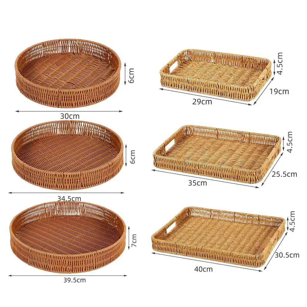 1Pcs Breakfast Bread Food Handwoven Rattan Basket Round Rectangular Shape Imitation Wicker Rattan Storage Tray Food Plate