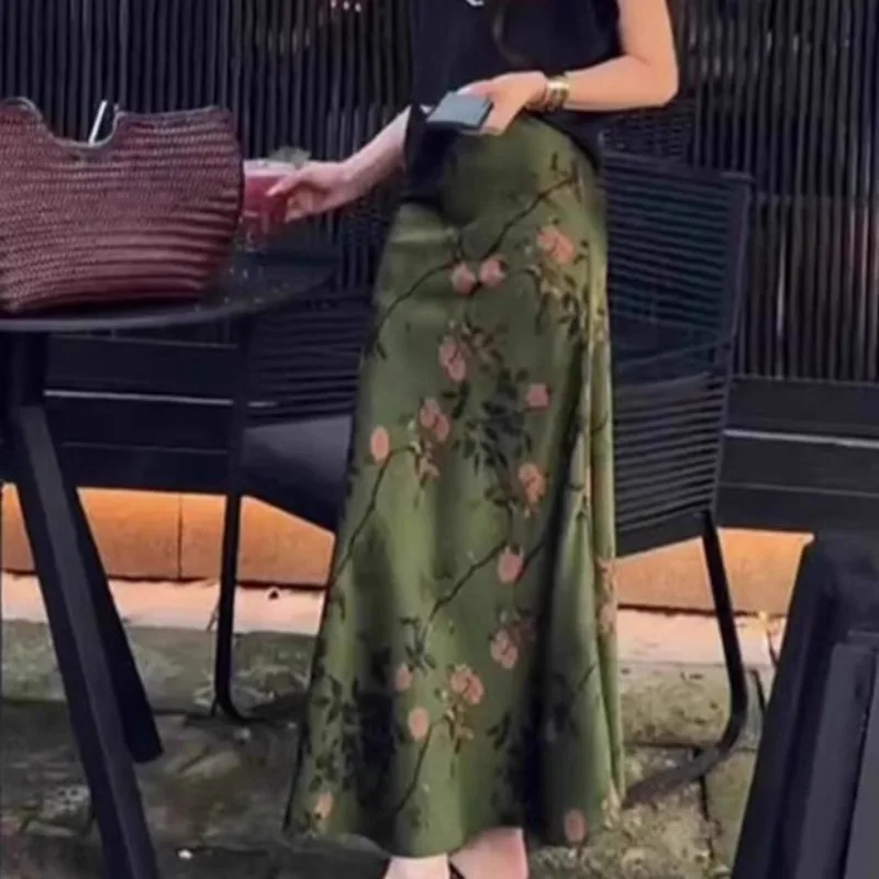 New Chinese Style Skirts Women Midi Fashion Summer Vintage A-line Casual Temperament All-match Simple Print Design Simple Faldas