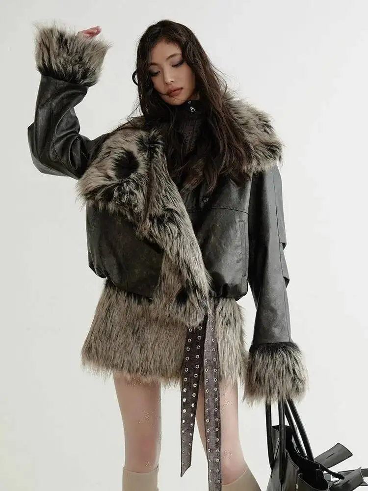 Wear Both Side Plaid Leather Big Size Faux Fur Jacket New Lapel Long Sleeve Women Coat Fashion Autumn Winter 2026 1DQW2