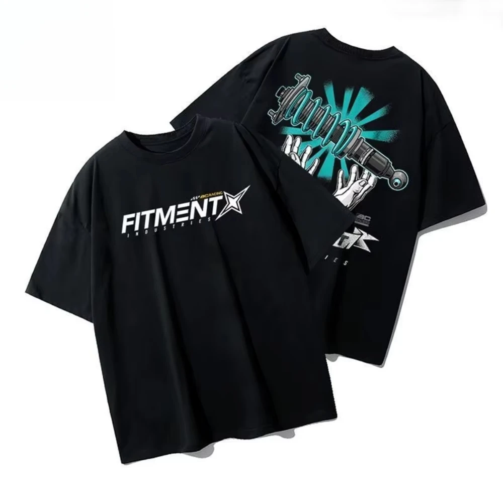 2026 New Modified Car Short Sleeve Accessories Twisted Teeth Shock Absorber Shirt Cotton Loose Personality Trend Men T Shirt Ins