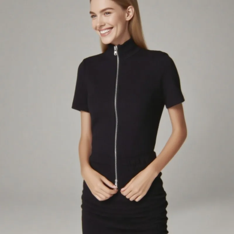 Sexy Summer Elegant Dress Solid Color Zipper Cut Out Slim Fit Dress Women's Short Sleeve Mini Dress Club Party Vestidos 2025