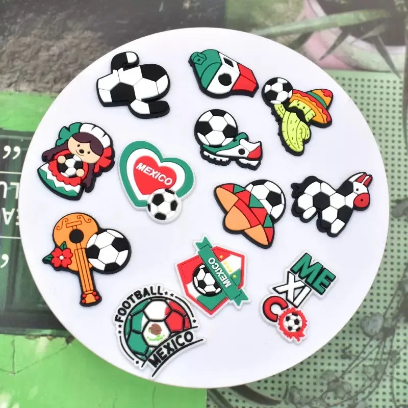 12-100Pcs Football Mexico PVC Shoe Charms Decorations Guitar Cactus Kids Sandal Button Fit Popular Backpack