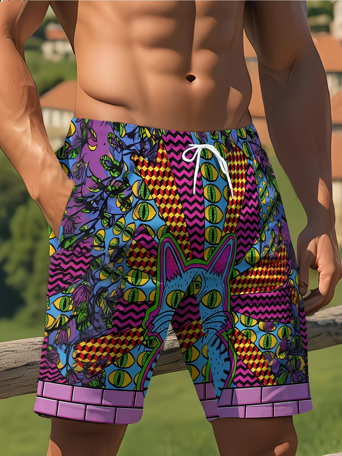 Men Psychedelic Cat Eye Print Swim Trunks Elastic Drawstring Waist With Pockets Retro Trippy Colorful Graffiti Graphic Casual Be