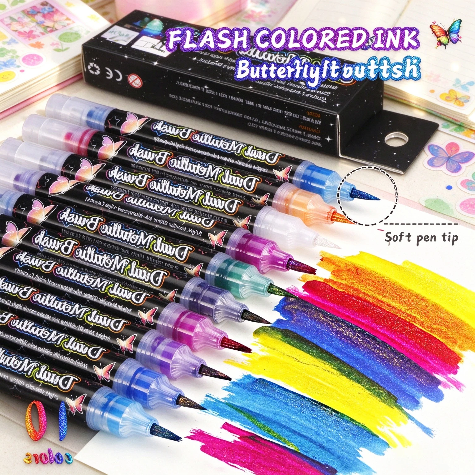 10 Colors Glitter Dual Metallic Brush Pen, Flash Shiny Markers for DIY Album, Journal, Greeting Card, Hand‑Painting Art Crafts