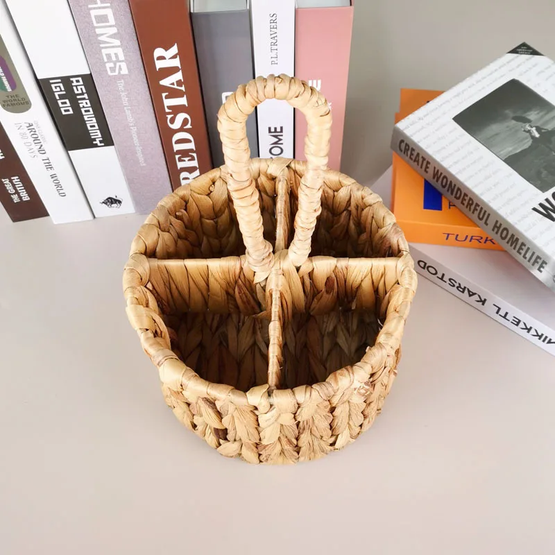 Rattan Wicker Storage Basket Hand Woven Flatware Organizer Round Storage Box Water Hyacinth Storage Basket Cutlery Holder