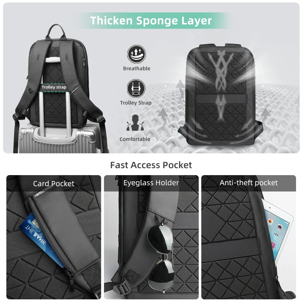 HcanKcan-Mochila Laptop para Homens e Mulheres, Casual, Impermeável, Fino, Trabalho, Luxo, USB, Universidade, Viagem, Bolsa, 15,6\