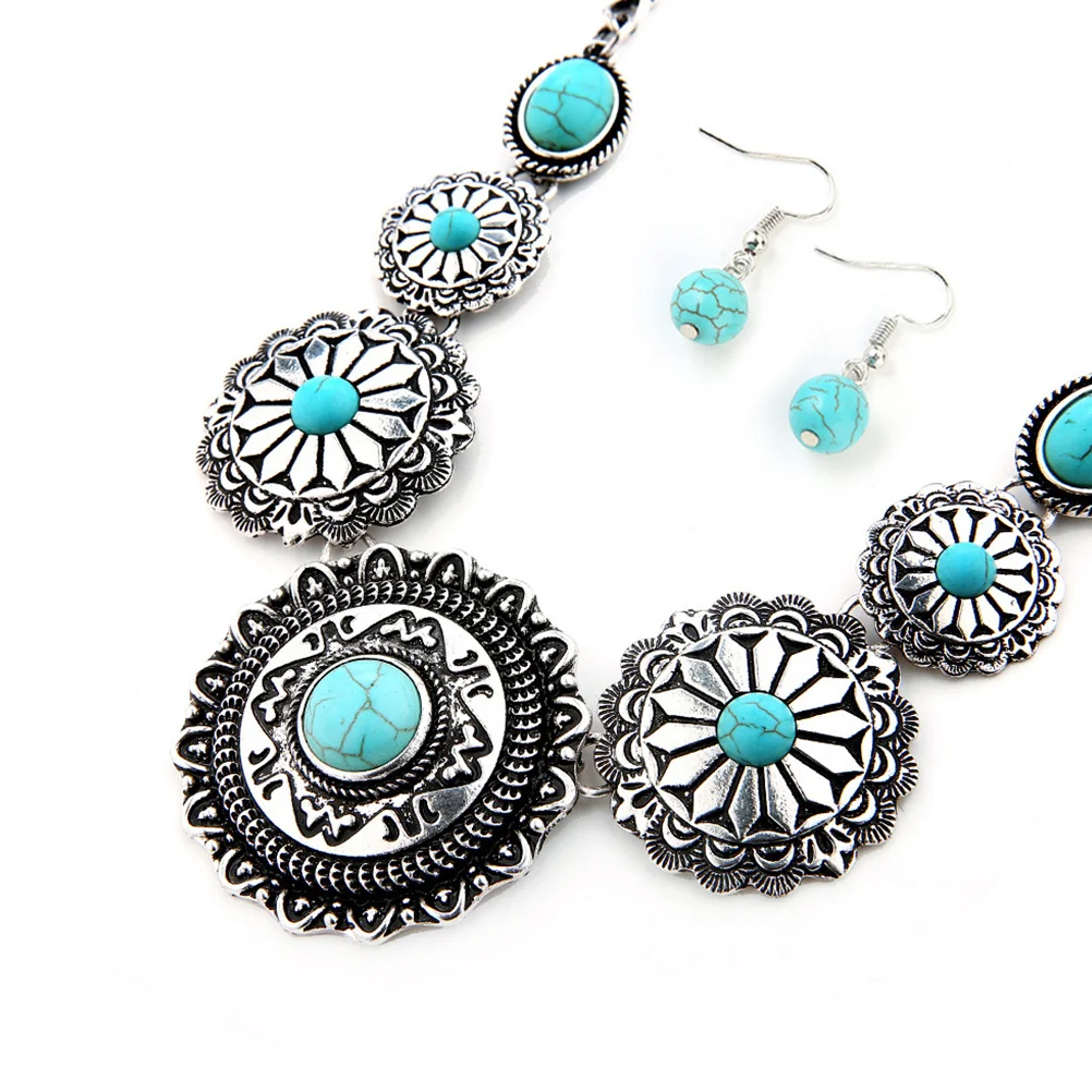 

Flower Decor Necklace Turquoise Pendant Alloy Necklace Earrings Set Elegant Gift for Woman Friend Mother