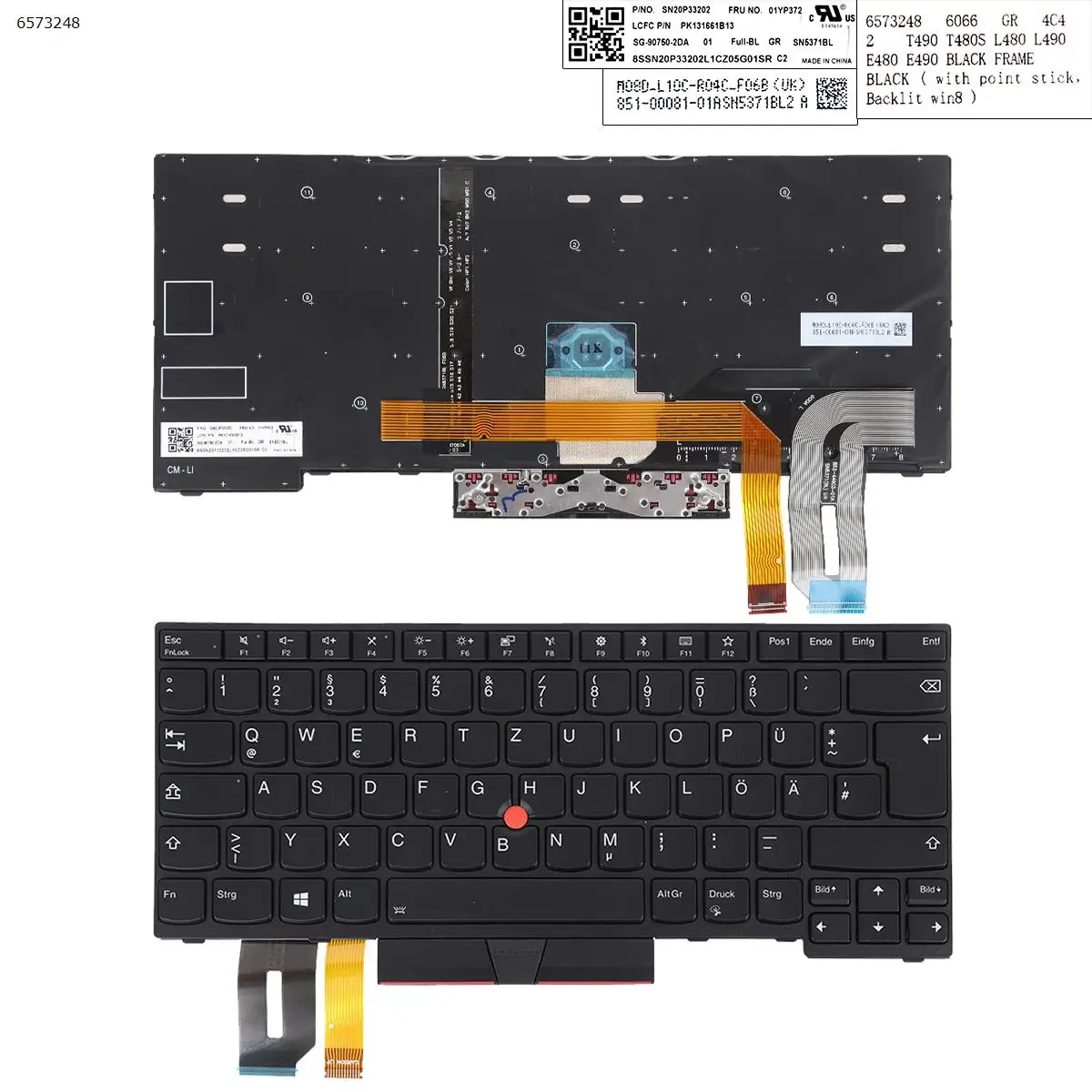 

GR Laptop Keyboard for LENOVO T490 Black Frame with Backlit & Point Stick