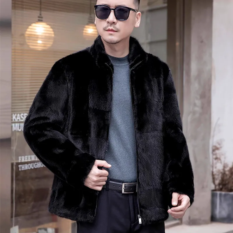 

New winter jacket men's casual imitation whole mink imported silver grey velvet V-neck fur coat Fashion slim coat for men