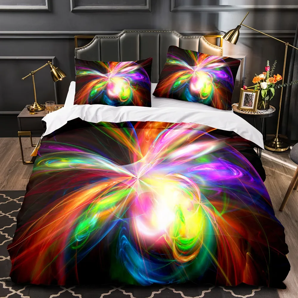 Girls Rainbow Wave Duvet Cover, Adults Trippy Iridescent Curved Fluid Tie Dye Pattern Abstract Art Bedding Set Queen Full Size