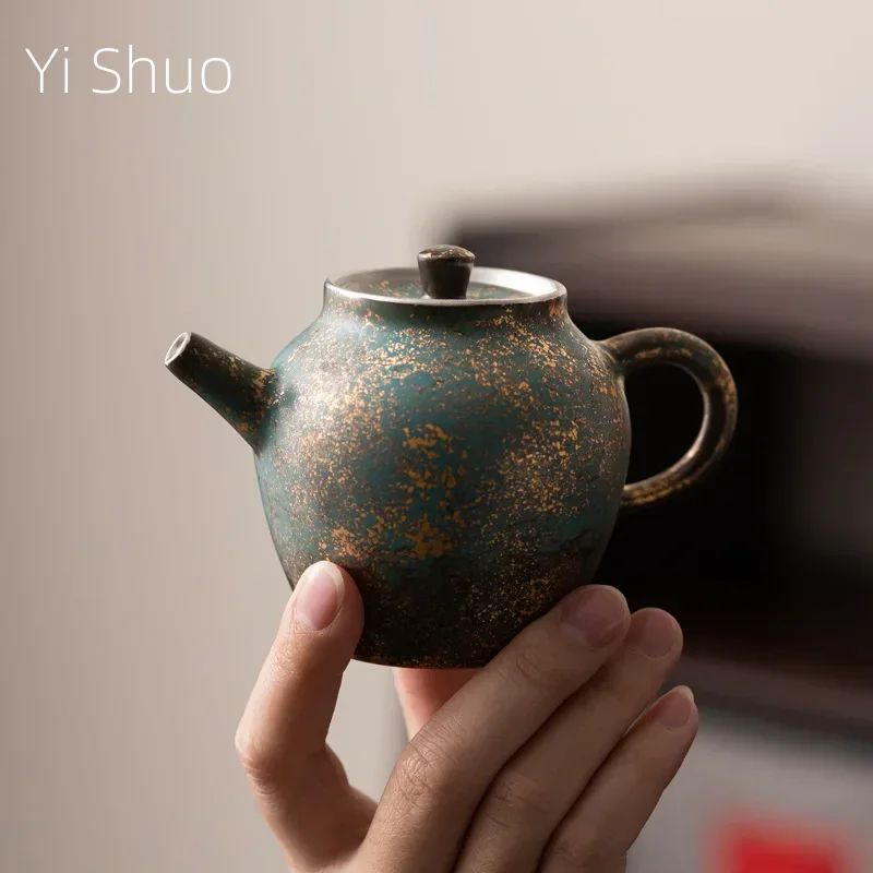 

Evergreen Glaze Gold and Silver Color Leshan Pot Handmade Retro Small Teapot Kung Fu Tea Set Teapot Hand Ewer Single Tea Kettle