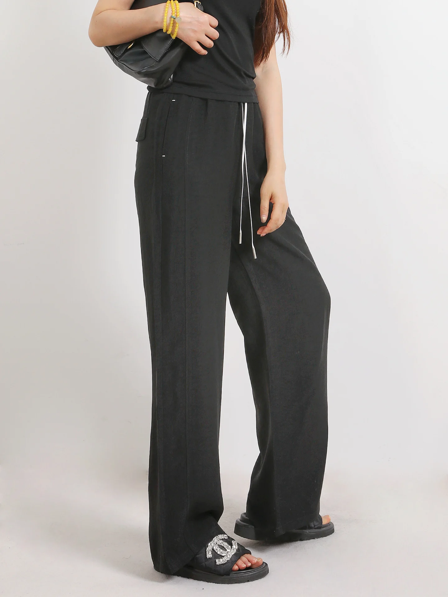 

Ele Long Straight Leg Acetate Pants Women's Comfortable Slimming Versatile Casual Trousers Korean Sle Commute Faion