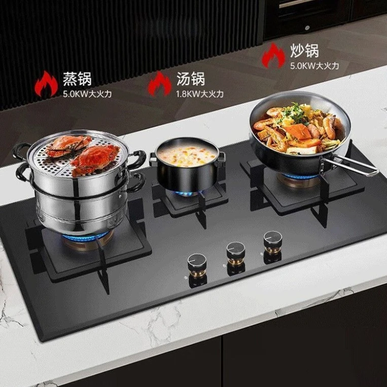 موقد غاز مدمج بثلاث شعلات منزلية، مؤقت من الزجاج المقسى السميك، موقد عالي الطاقة