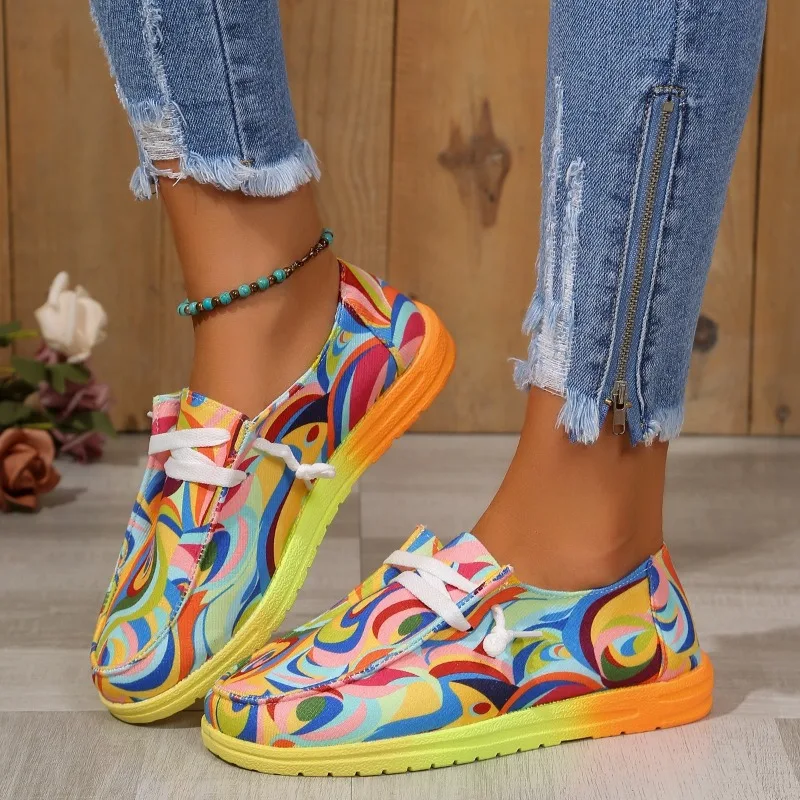 

2025 New Women Shoes Rainbow Canvas Shoes for Women Flat Sneakers Round Toe Multi-Color Lace-up Casual Shoes Zapatillas De Mujer