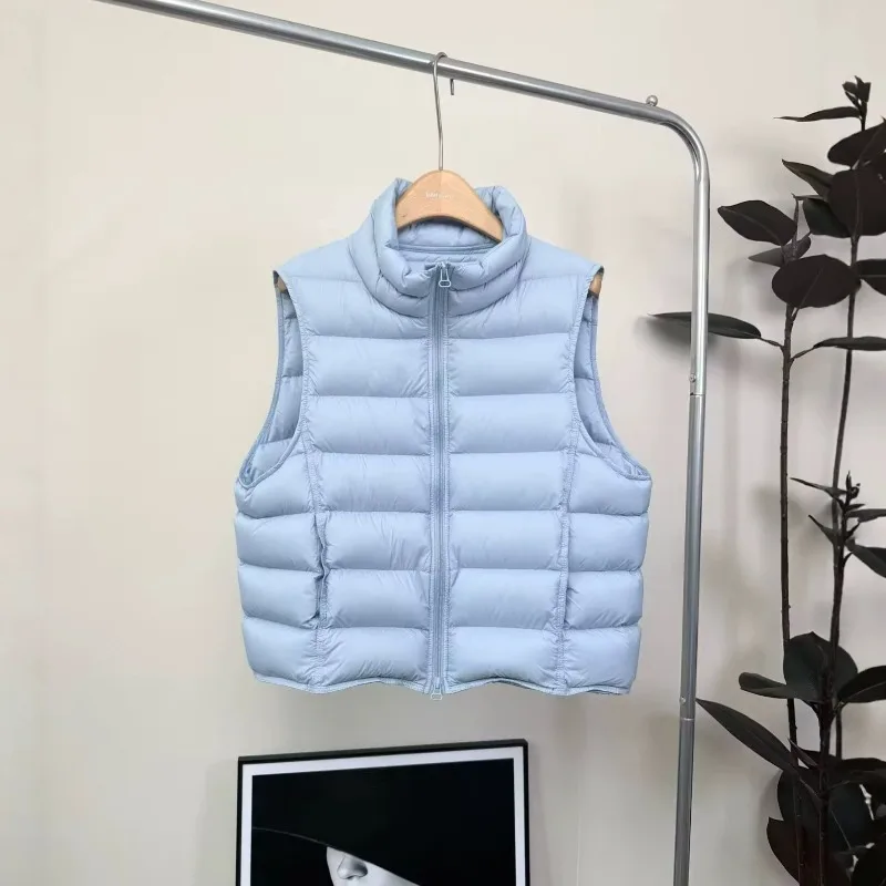 Women White Duck Down Vest 2026 New Double Collar Stand Collar Quilted Sleeveless Korean Casual Puffer Down Gilet Outerwear