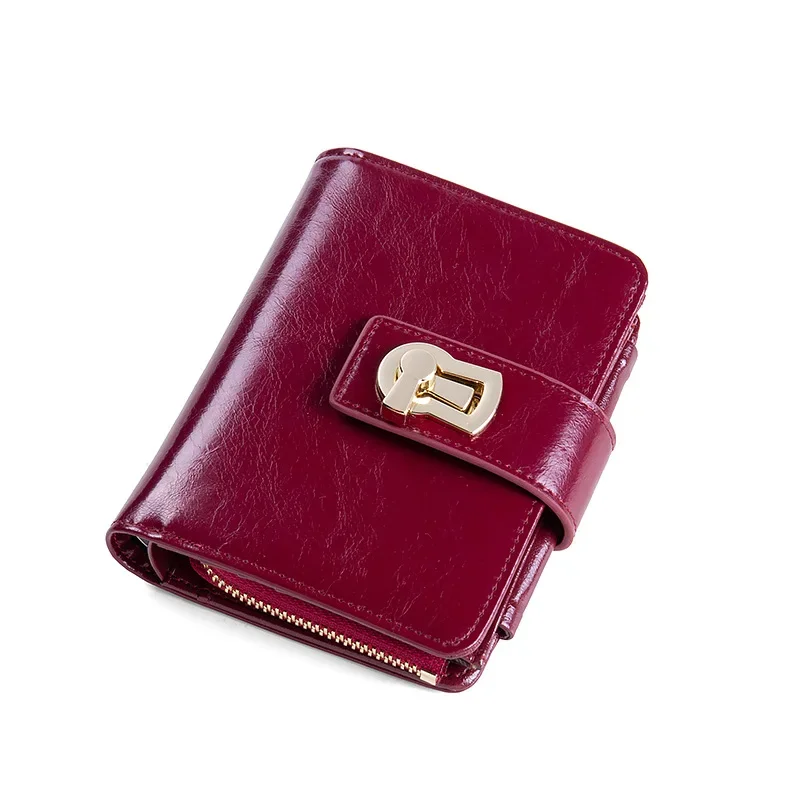 Small Wallet for Women Genuine Leather Designer Metal Lock Luxury Short Female Purses Card Holder Ladies Clutch Coin  Money Bags