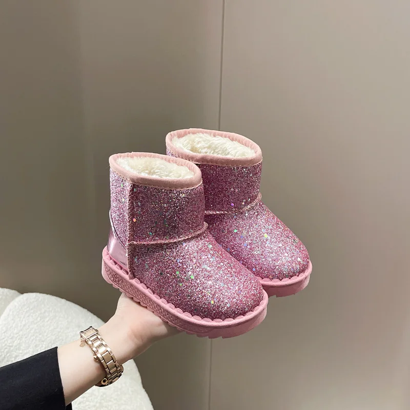 Botas de nieve para niñas, zapatos de algodón de princesa con lentejuelas, botines cálidos de felpa, zapatillas antideslizantes, color rosa,