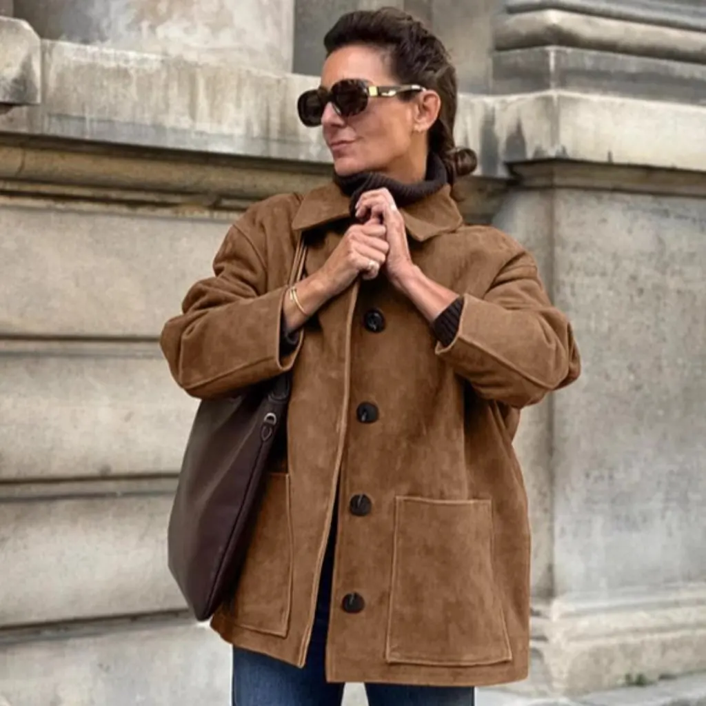 Women's Vintage Brown Suede Lapel Jacket Coat Loose Thickened Mid-Length Winter Fashion Outerwear