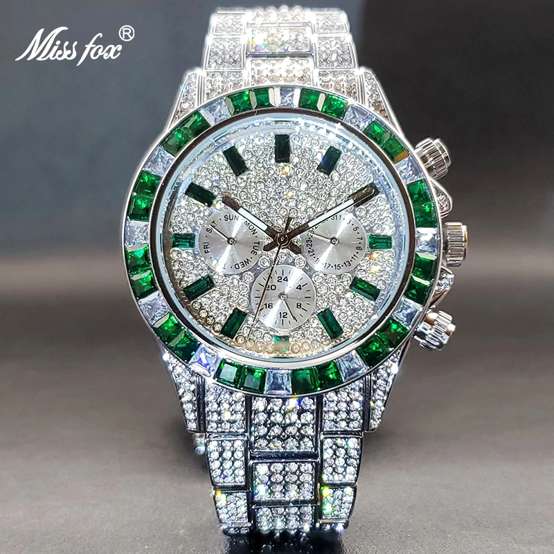 Ice Out Green Diamond Watch For Men Brand Luxury Sport Style Chronograph Men\'s Quartz Watches Durable Clock Good For Value