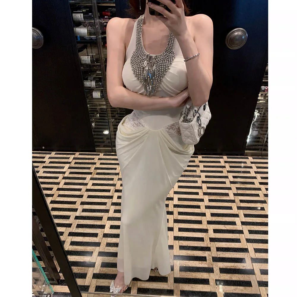 Beige Maxiชุดผู้หญิงElegant Beading HalterชุดยาวแขนกุดBodycon Evening Partyวันเกิดเสื้อผ้าLady Backless