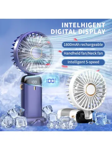 Portable Handheld Mini Fan Foldable Neck Hanging Fans 5 Speed USB Rechargeable Fan with Phone Stand and Display Screen 1800mAh