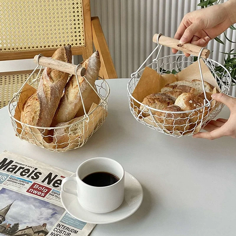 Metal Serving Basket with Wooden Handle Iron Bread Basket Fruit Bowl Rustic Organizer for Kitchen Counter Organizing Storage